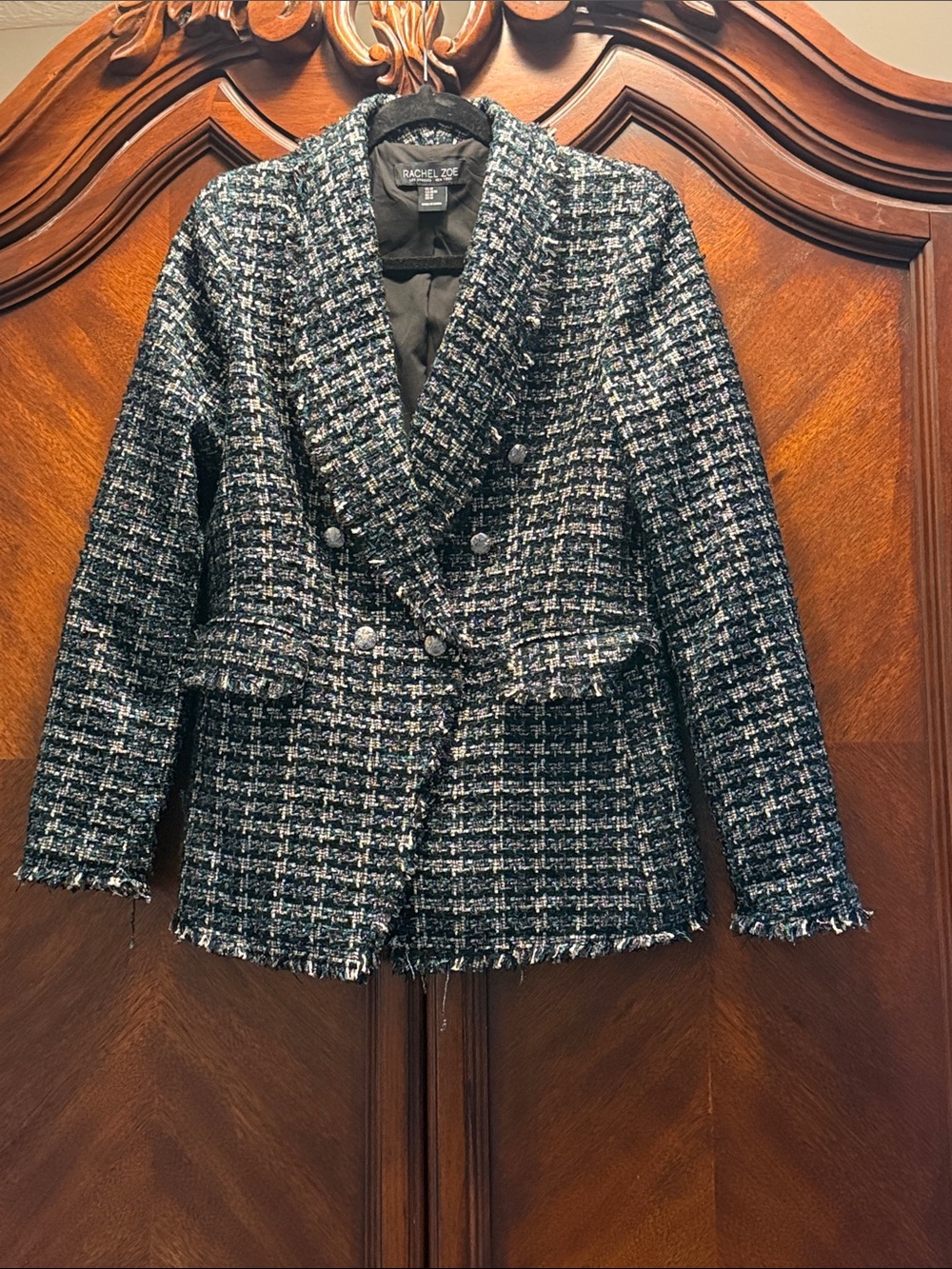Rachel Zoe Black and White Tweed Double-Breasted Blazer with Fringe Trim
